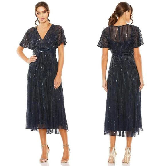 Mac Duggal A Line Embellished Short Sleeve Dress 12 Blue NWT - Picture 1 of 9